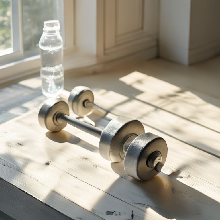 Dumbbells and water bottle on wooden floor