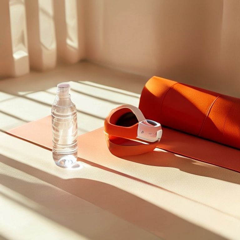 Fitness tracker and water bottle on exercise mat