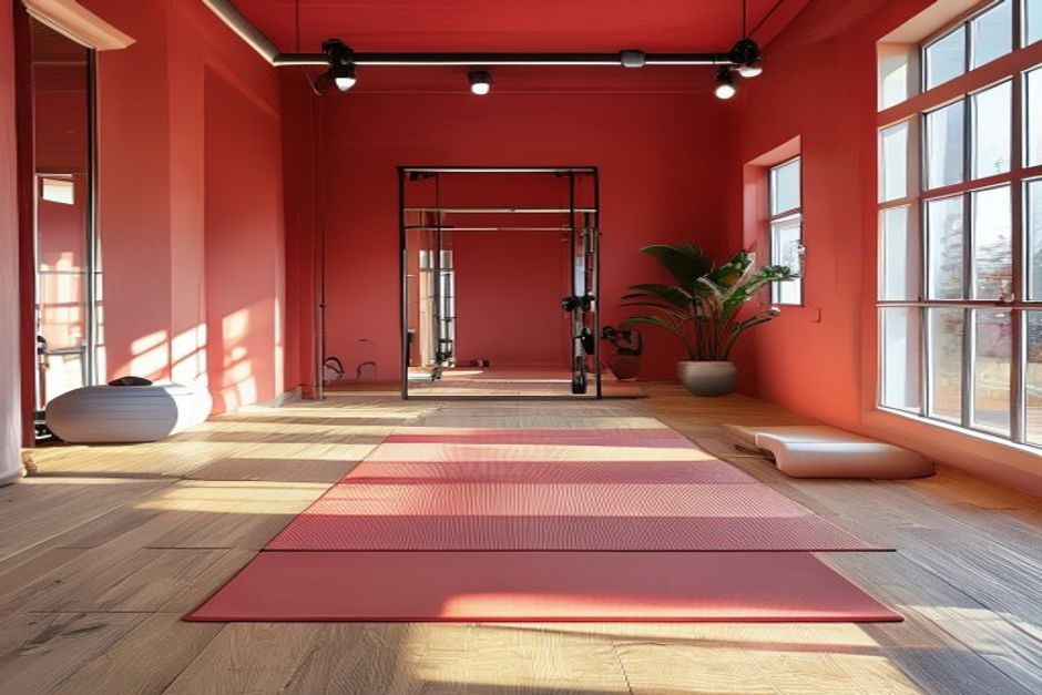 Clean minimalist home gym setup with mirror and mat