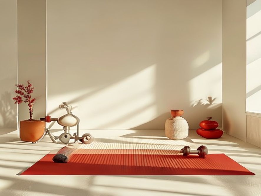 Person in bright home space with exercise equipment setup